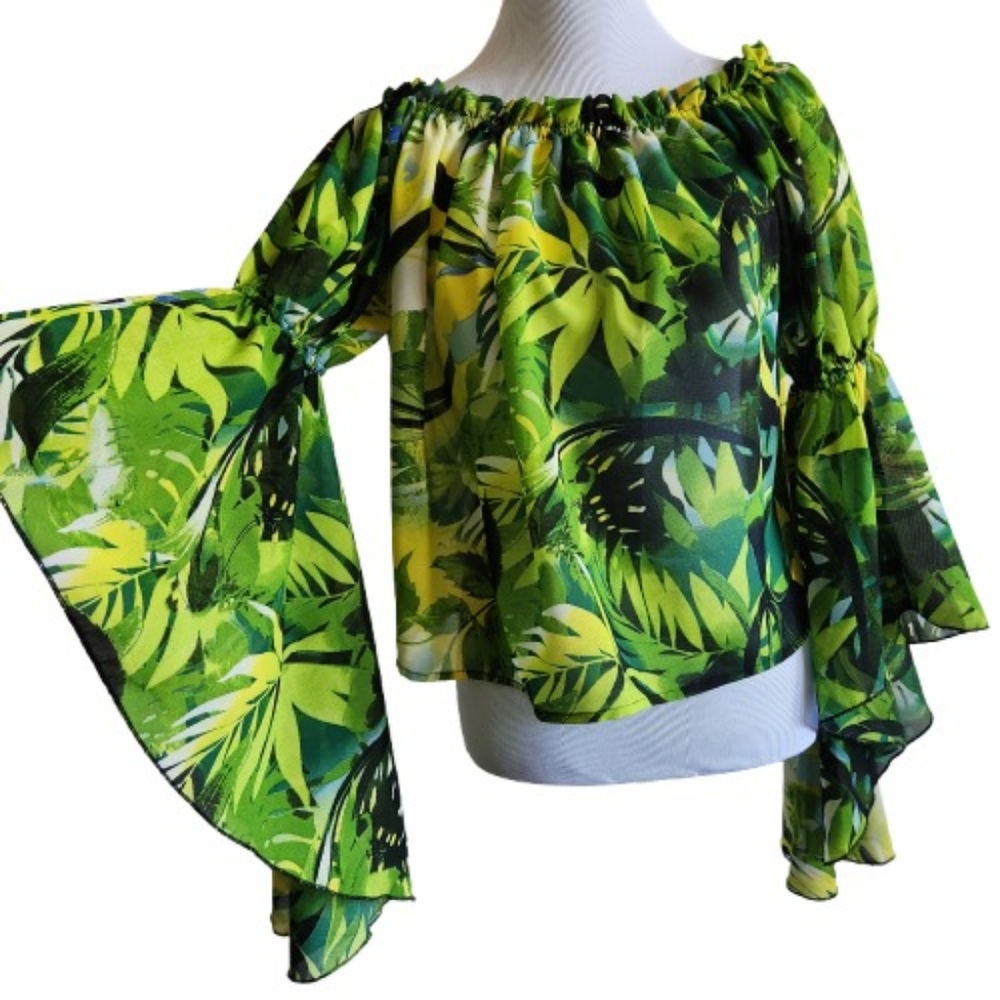 Live 4 Truth Boho Tropical Print Asymmetrical Ruffled Sleeve Top - Picture 3 of 15
